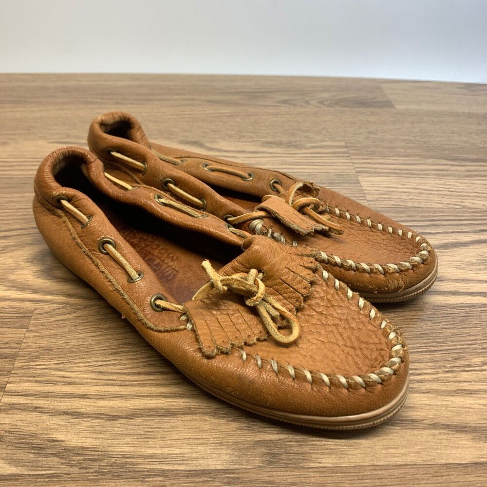 Minnetonka Moosehide Kilty Moccasin Slippers Shoes Women's Brown USA Made - US 8